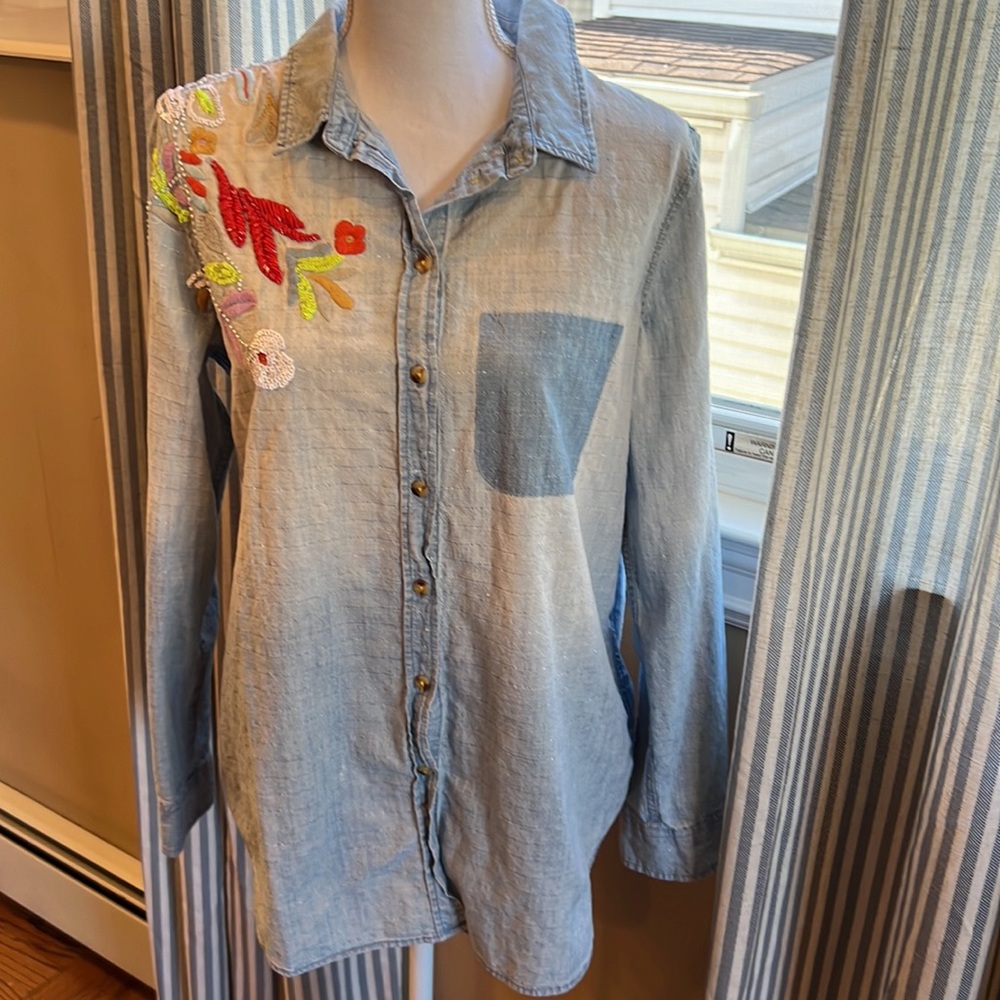 Maeve Light Blue Chambray Button-Down Shirt with Multicolor Embroidery - Picture 2 of 13